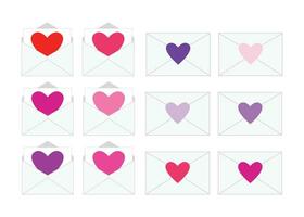 Cute Open and Closed White Envelopes with Red, Pink, and Purple Hearts for Valentine's Day vector