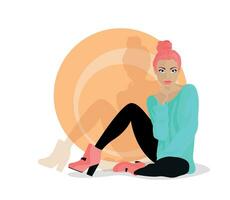 Fashionable bright young woman sitting on the floor, ground. Vector illustration
