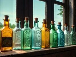 AI generated Vintage Delights Charming Glass Bottle Collection for Home Decor. AI Generated. photo