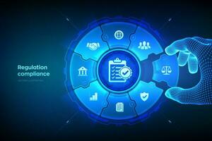 Regulation Compliance financial control technology concept. Compliance rules. Law regulation policy. Wireframe hand places an element into a composition visualizing Reg Tech. Vector illustration.