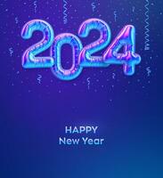 Happy New Year 2024. Colorful foil balloon numbers on blue background. High detailed 3D iridescent foil helium balloons. Merry Christmas and Happy New Year 2024 greeting card. Vector illustration.