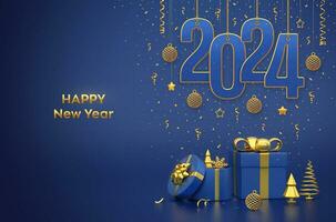 Happy New Year 2024. Hanging on gold ropes numbers 2024 with shining 3D balls, stars, confetti on blue background. Gift boxes, snowflake and golden metallic pine fir cone shape spruce trees. Vector. vector