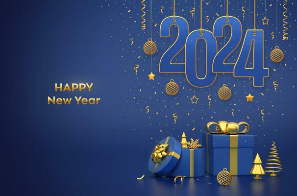 Happy New Year 2024. Hanging on gold ropes numbers 2024 with shining 3D balls, stars, confetti on blue background. Gift boxes, snowflake and golden metallic pine fir cone shape spruce trees. Vector.
