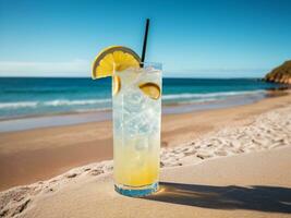AI generated Beachside Refreshment Enjoy the Light and Fizzy Tom Collins at an Australian Beach Party. AI Generated. photo