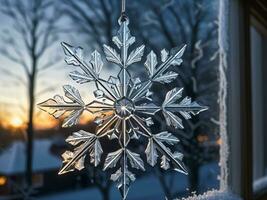 AI generated Enchanting Snowflake Clings Adorn the Windowpane. AI Generated. photo