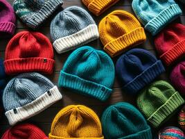 AI generated Cozy and Colorful Embrace Winter Warmth with Stylish Beanies. AI Generated. photo