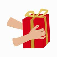 Giving a gift. Hand with Gift box Design for banner, web. Hands holding a red box with a gold ribbon. Vector illustration...