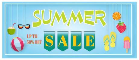 Summer sale banner with 50 off discount text and summer elements in colorful backgrounds. Vector illustration eps10