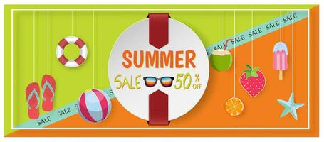 Summer sale banner with 50 off discount text and summer elements in colorful backgrounds. Vector illustration eps10