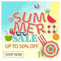 Summer sale banner with 50 off discount text and summer elements in colorful backgrounds. Vector illustration eps10