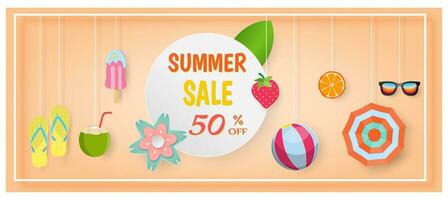 Summer sale banner with 50 off discount text and summer elements in colorful backgrounds. Vector illustration eps10