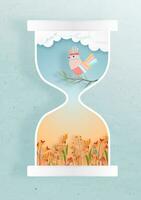 Vintage card spring with colorful Bird on tree branches in hourglass paper cut style. Vector illustration eps10