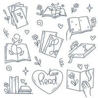 Reading and books doodle sketch style set vector