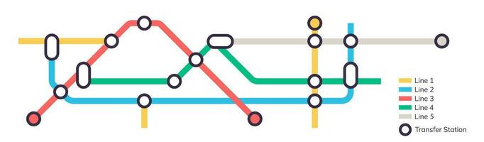 Scheme of metro stations and plan of subway with colorful lines, fictional metro map of underground, layout of public passenger transport routes, subway train tracks plan flat vector illustration.