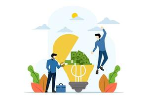 concept of creative ideas and financial investment. Business people collect money and put it into light bulbs, success, investment, deposit, business idea, business planning. flat vector illustration.