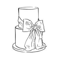 A line drawn wedding cake with two tiers and a bow adorned to the front. vector