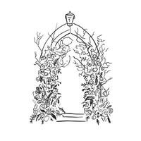 A black and white line drawing of a church door with wild floral arrangements either side. Hand drawn on Procreate with an Apple pencil. vector