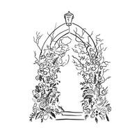 A black and white line drawing of a church door with wild floral arrangements either side. Hand drawn on Procreate with an Apple pencil. vector