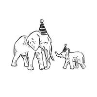 A line drawn sketch of two elephants - a mother and baby wearing party hats. Drawn by hand on Procreate, featuring a mother African elephant and African baby elephant. vector