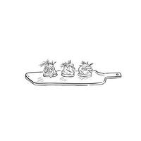 A line drawn illustrative vector of three canapes on a wooden chopping board-style tray. Black and white line drawing created by hand.