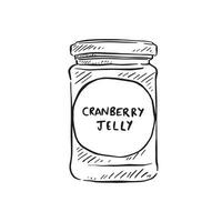 A line drawn illustration of a jar with the words 'cranberry jelly' on a sticker on the front. vector