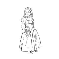 un mano dibujado ilustración de un dama de honor. un incompleto estilo línea dibujo de un joven dama de honor en un clásico dama de honor vestir participación un pequeño ramo de flores para un boda. mano dibujado y vectorizado vector