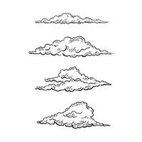 Four line drawn clouds in black and white. Drawn by hand on procreate in a sketchy style. Bundle of four. vector