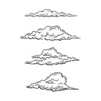 Four line drawn clouds in black and white. Drawn by hand on procreate in a sketchy style. Bundle of four. vector