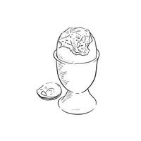 A line drawn illustration of a boiled egg in an egg cup, with the top of the egg taken off and ready to eat. Hand drawn in a sketchy style. vector