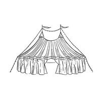 A line drawn circus tent in black and white with flags on the top and two tops. Hand drawn on Procreate. vector