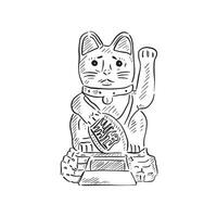 A line drawn illustration of a classic Japanese trinket - the Lucky Cat. Hand drawn on Procreate using an Apple Pencil and featuring line shading in black and white. vector