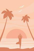 Horizontal abstract poster with yoga silhouette on the background of palm trees, sea, sunset in trendy peach colors. Vector graphics.