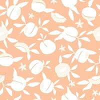 Seamless pattern with delicate colored peaches. Silhouettes of fruits and leaves for a summer natural print. Vector graphics.