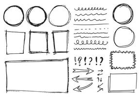 Doodle vector lines and curves.Hand drawn check and arrows signs. Set of simple doodle lines, curves, frames and spots. Collection of pencil effects. Doodle border. Simple doodle set.