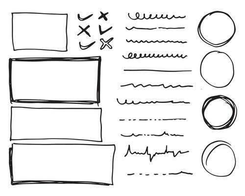 Doodle vector lines and curves.Hand drawn check and arrows signs. Set of simple doodle lines, curves, frames and spots. Collection of pencil effects. Doodle border. Simple doodle set.