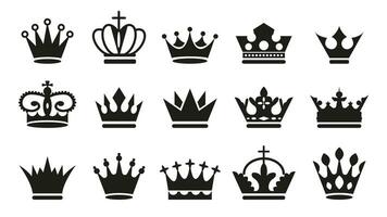 Big set of black crown icons. Black crown symbol collection. Vector illustration.