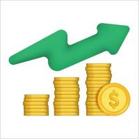 Gold coin with green arrows up. Green arrow graph going up over pile of gold coins. coin stack growing business isolate concept vector