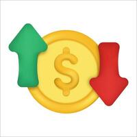 Dollar coin with arrow down and up. Coin of dollar with loss or growth. Increase and low of revenue vector