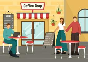 café tienda vector ilustración con interior y mueble adecuado para póster o anuncio en plano dibujos animados antecedentes diseño