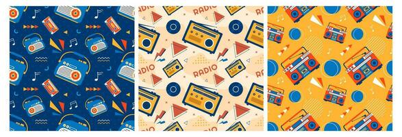 conjunto de radio sin costura modelo ilustración diseño con jugador para grabar y escuchando a música en plano dibujos animados modelo vector