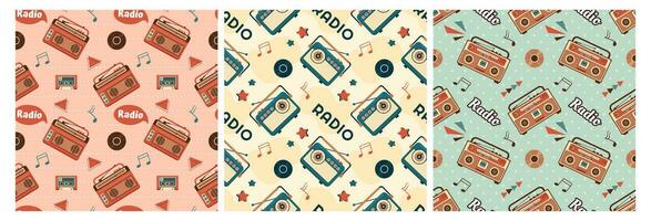 Set of Radio Seamless Pattern Illustration Design with Player for Record and Listening to Music in Flat Cartoon Template vector