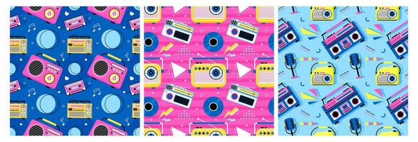 Set of Radio Seamless Pattern Illustration Design with Player for Record and Listening to Music in Flat Cartoon Template vector