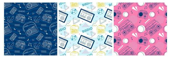 conjunto de radio sin costura modelo ilustración diseño con jugador para grabar y escuchando a música en plano dibujos animados modelo vector