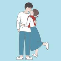 korean couple kissing and hugging on blue background in cute style,  in the style of charming illustrations, normcore, light red and dark cyan, hallyu, light white and light maroon, strong lines, car vector