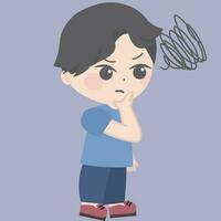 cartoon boy thinking for some minutes, vector illustration, in the style of intertwining materials, free brushwork, frayed, bad painting, violet and gray
