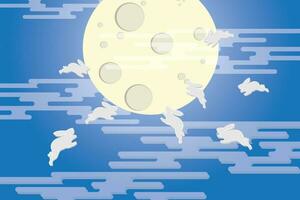 Illustration, Abstract of the mid autumn festival with fullmoon and rabbit on blue color background. vector