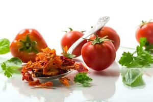 small pieces of dried tomatoes next to fresh tomatoes photo