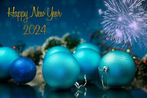 New Year's toys, decorations and other items on a blue abstract background. photo