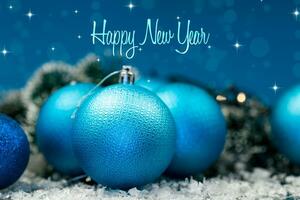 New Year's toys, decorations and other items on a blue abstract background. photo