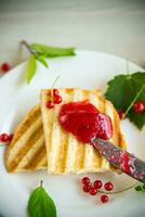 fried bread croutons for breakfast with redcurrant jam in a plate with berries photo